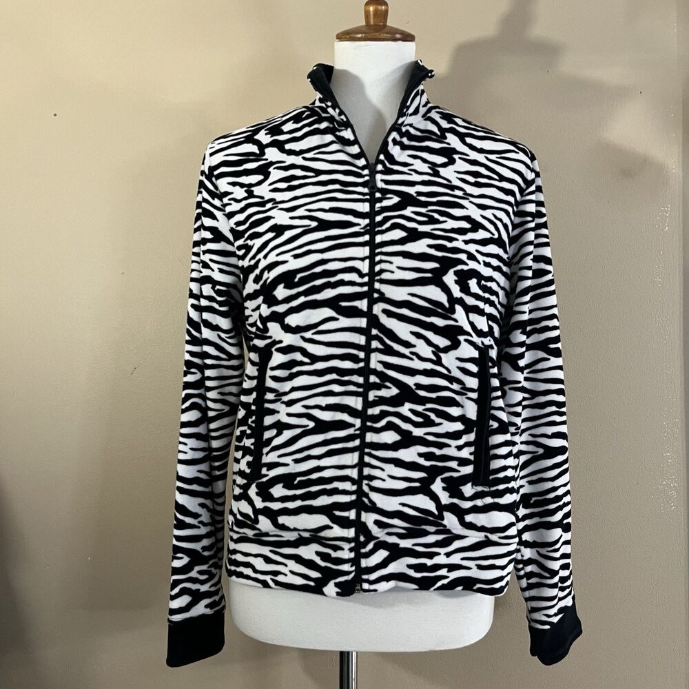 Coral Bay Petite Zebra Print Jacket Women PM Black White Fleece Zip Up